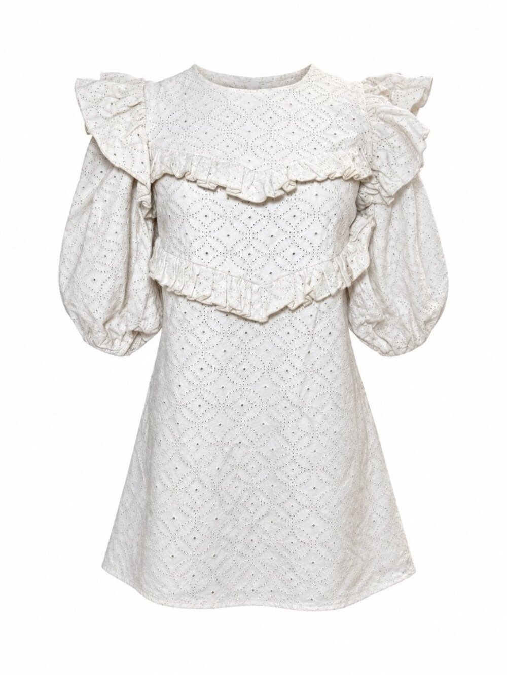En Saison White Eyelet Puff Sleeve Ruffle Mini Dress XS